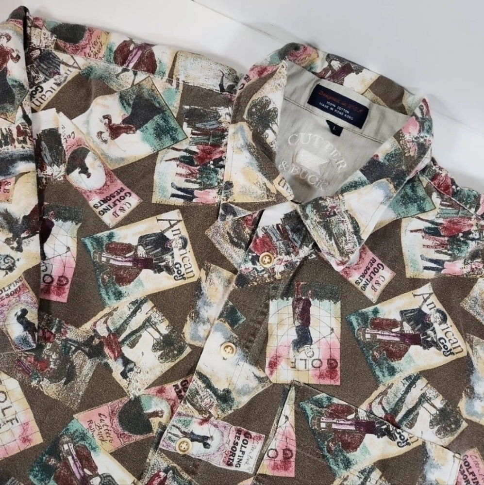 CUTTER & Buck Mens XL Cotton Golf Button Up Camp Shirt Loud Retro Vintage Print